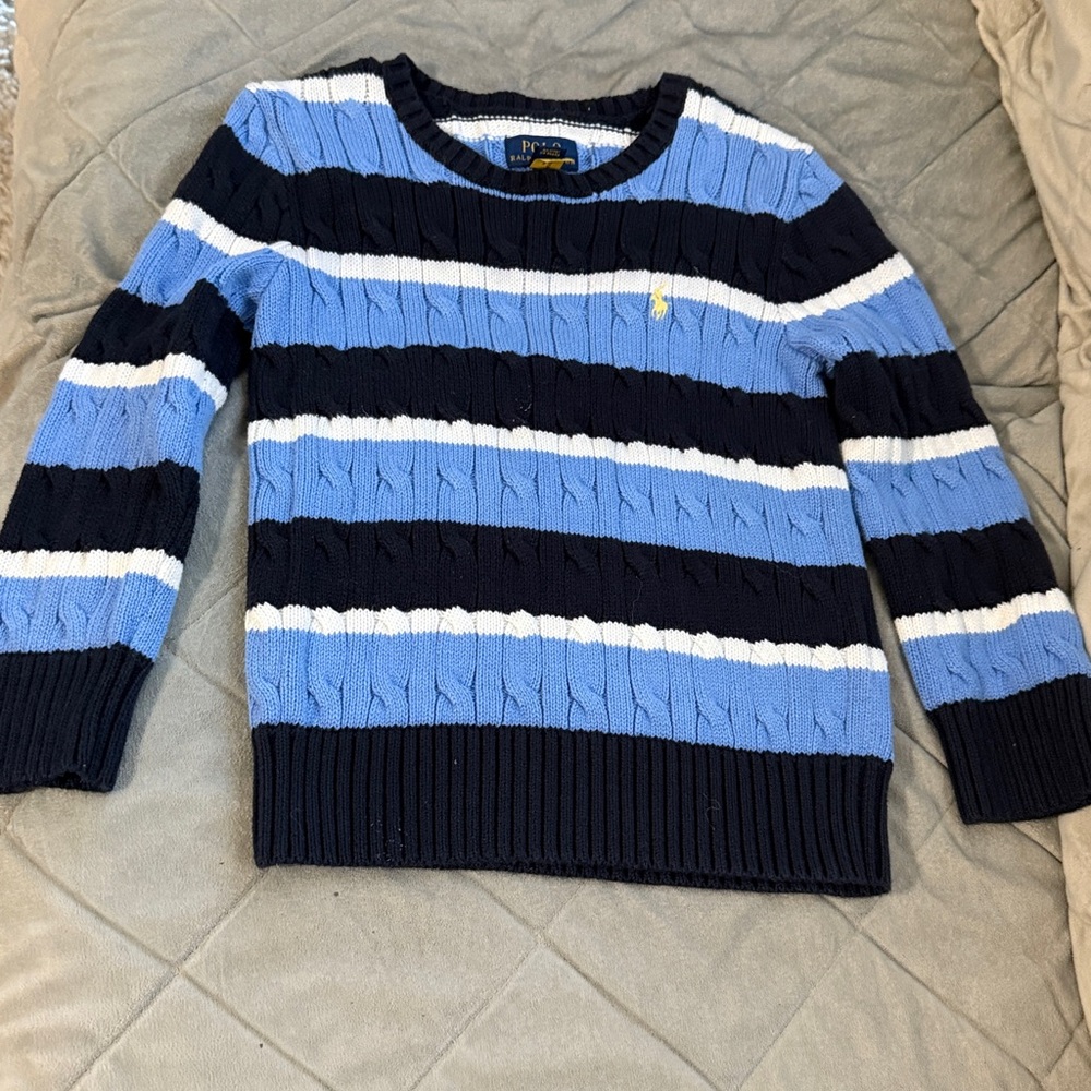 Ralph Lauren Navy and Light Blue Striped Cable-knit Sweater